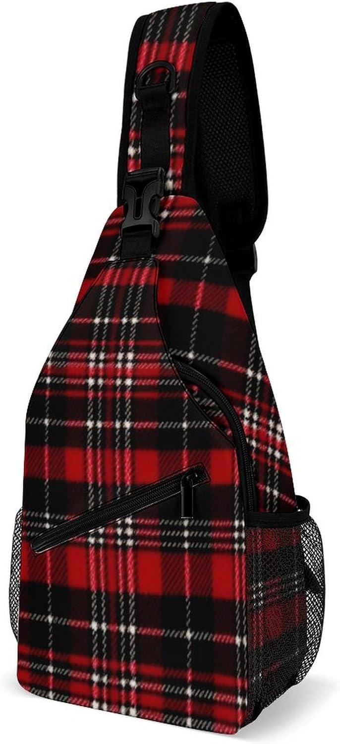 Red And Black Plaid Sling Bag Lightweight Crossbody Chest Pack Travel Shoulder Bag with Adjustable Strap