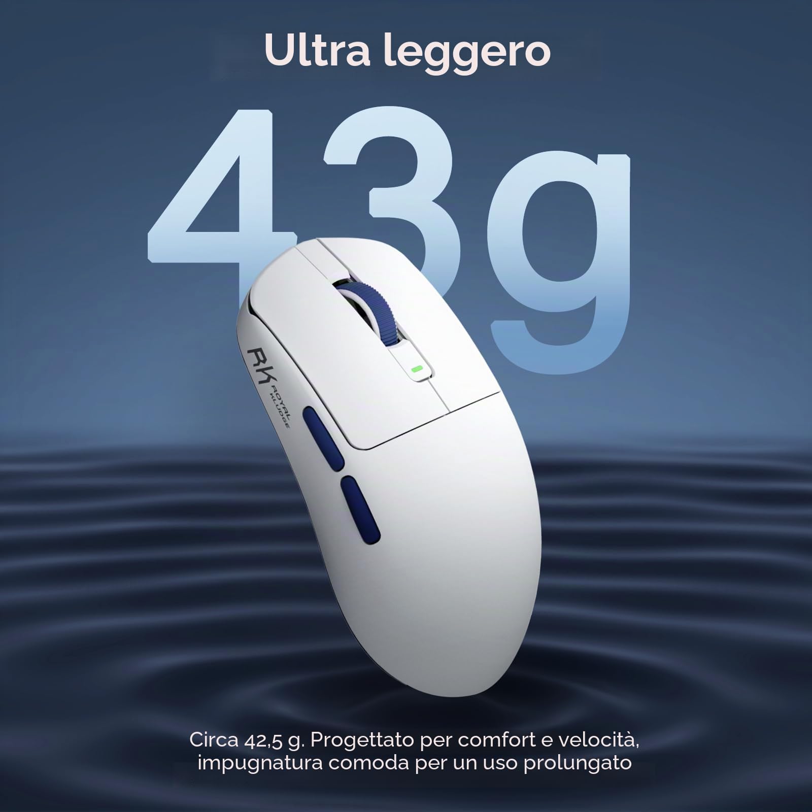 RK ROYAL KLUDGE M30 Mouse Gaming Wireless, 12K DPI, 43g Ultraleggero, BT5.1/2.4G/USB-C, Mouse Ergonomico con Sensore PAW3311, Batteria Ricaricabile 250mAh, 5 Pulsanti Programmabili per PC/Mac, Bianco