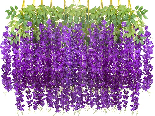 Aitisor 24 Pack Artificial Fake Wisteria Vine Ratta (3.75 Feet) Hanging Garland Silk Flowers String Home Party Wedding Decor (Blue) #TOP16