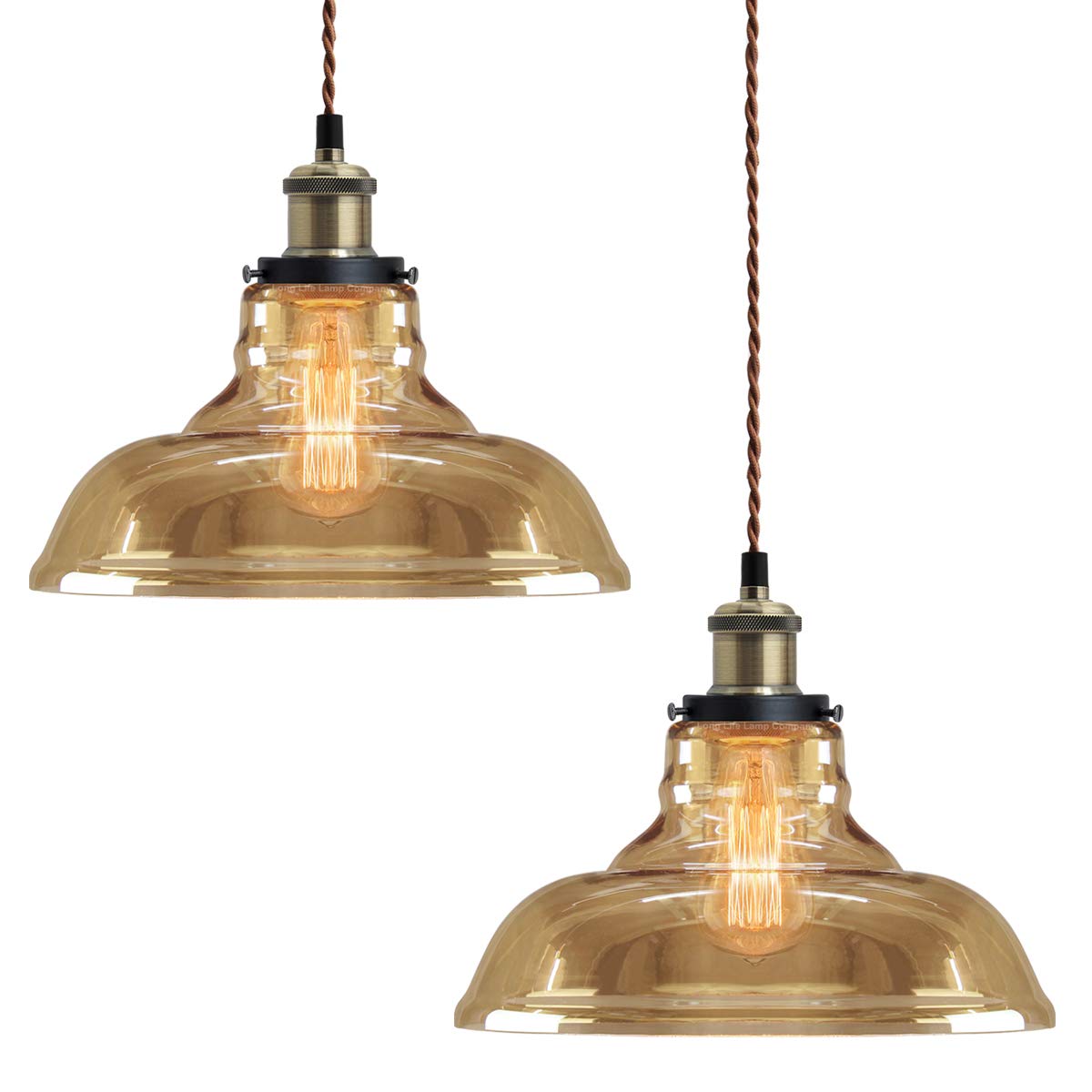 Long Life Lamp Company Amber Modern Loft Industrial Glass Bowl Pendant Light Shade Smoked Antique Brass Retro Vintage Ceiling Lighting - 2 Pack