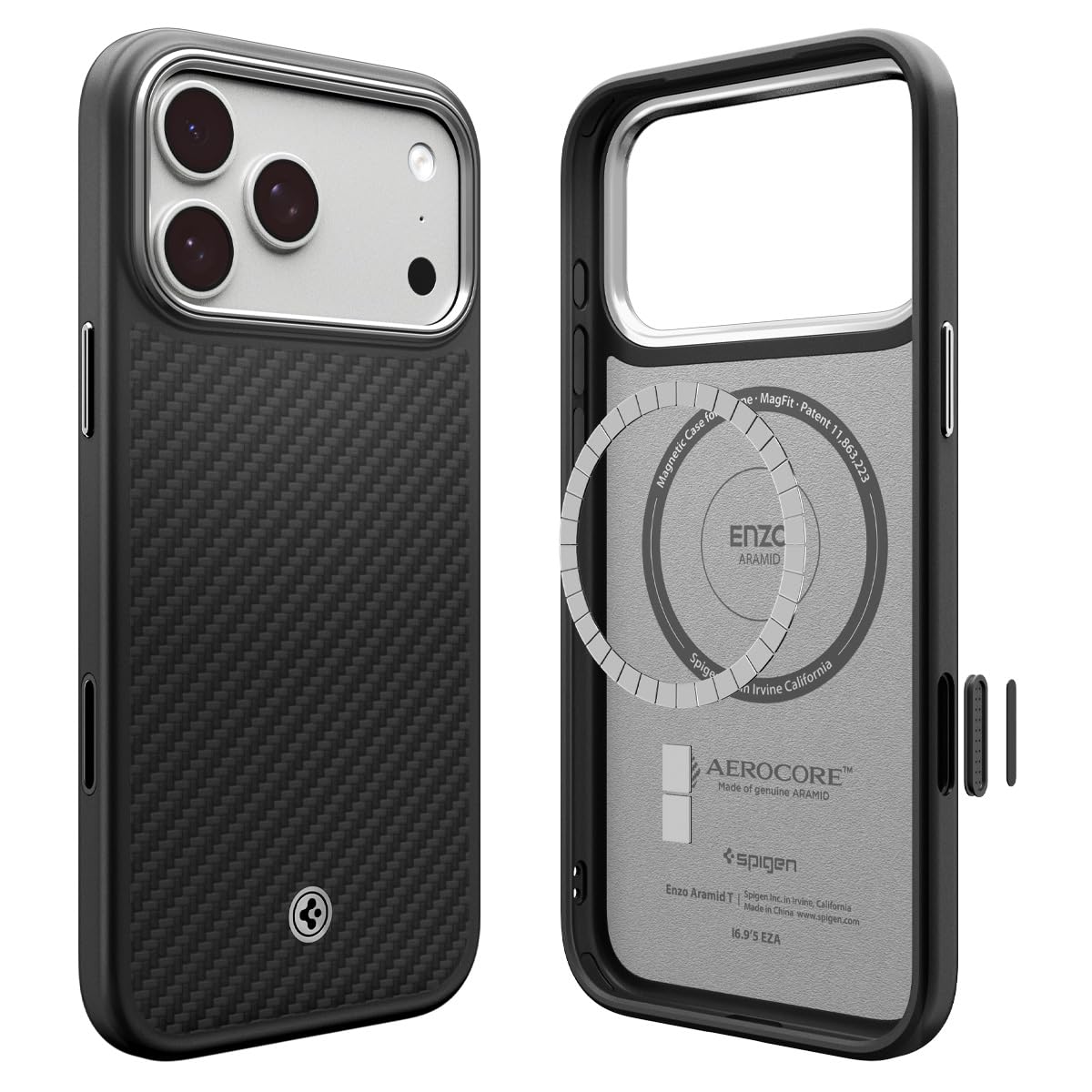 Spigen for iPhone 17 Pro Max Case, Enzo Aramid T [Camera Control Button] [Compatible with MagSafe] - Black Silver iPhone 17 Pro Max Black Silver