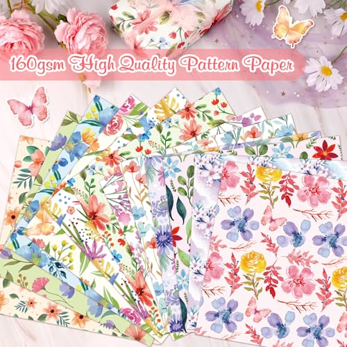 Konsait 24 Sheets Spring Floral Scrapbook Paper 12x12, Double Sided Flower Pattern Paper Spring Decorative Papers Floral Cardstock Pad Origami Papers for Card Making Scrapbook Supplies