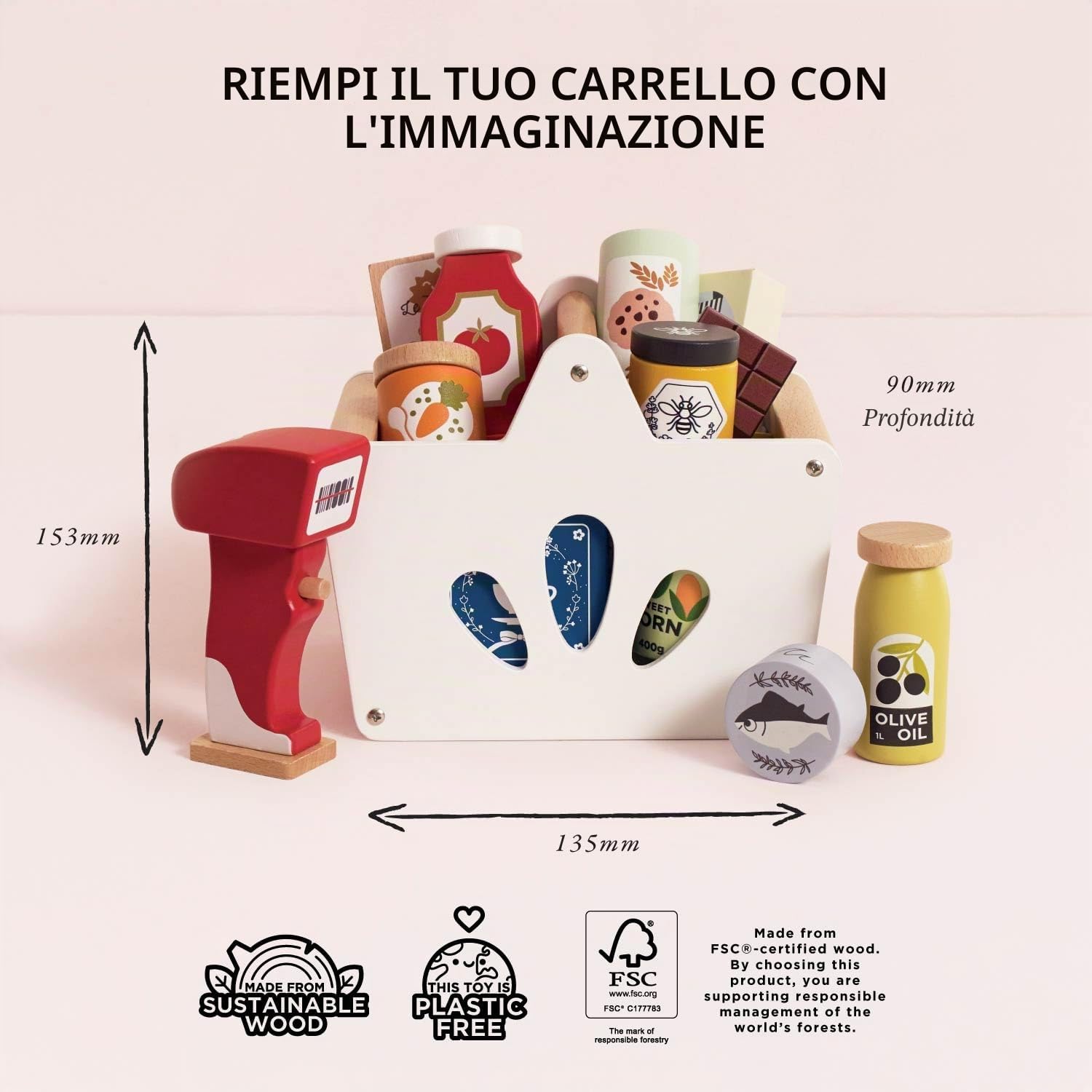 Le Toy Van Gioco educativo in legno cestino spesa e scanner, per bambini dai 2 anni, 13 accessori inclusi, gioco ecologico, Montessori, in legno certificato FSC e colori a base d'acqua