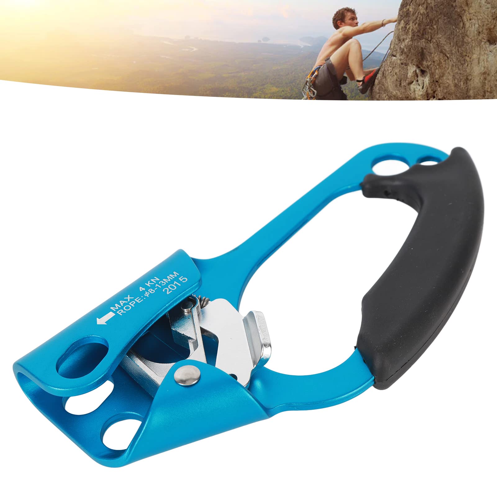 lvifloae Blue Left Hand Ascender, Rappelling Gear Equipment with Ergonomic Rubber Handle, Hand Ascender Stable Fixing Non Slip Strong Grip Spring Rope Ascender Mountaineering Supp