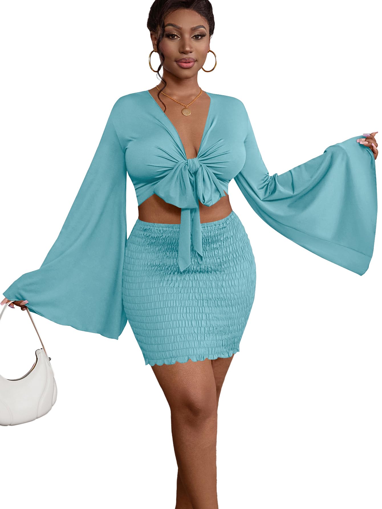 LYANER Women 2 Piece Vacation Outfits Tie Knot Front Bell Long Sleeve Crop Top and Mini Skirt Summer Set