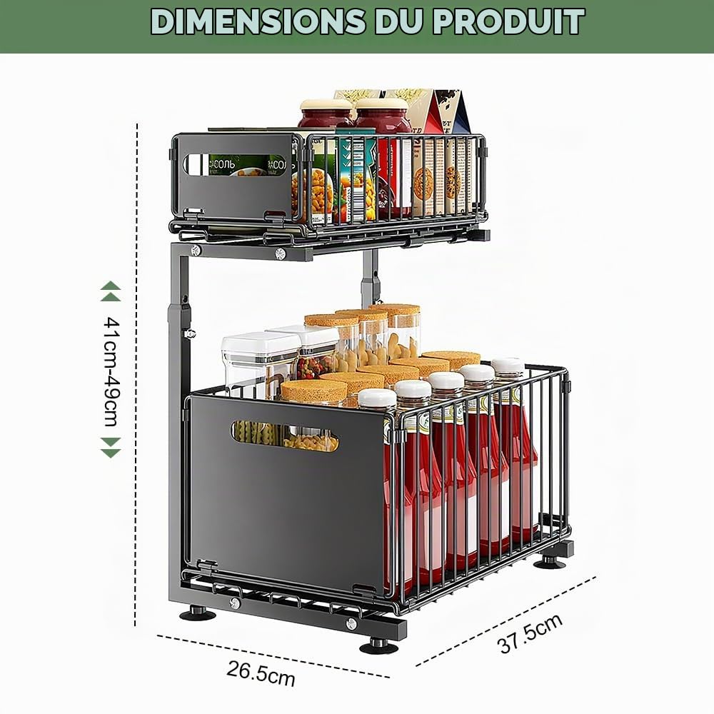 Rangement sous Evier Cuisine Coulissant 2 Niveaux Etagere Epices Cuisine Porte-Épices sous Étagère en Métal Rangement Épices Cuisine 37.5 * 26.5cm pour Salle de Bain, Chambre, Bureau (Noir)