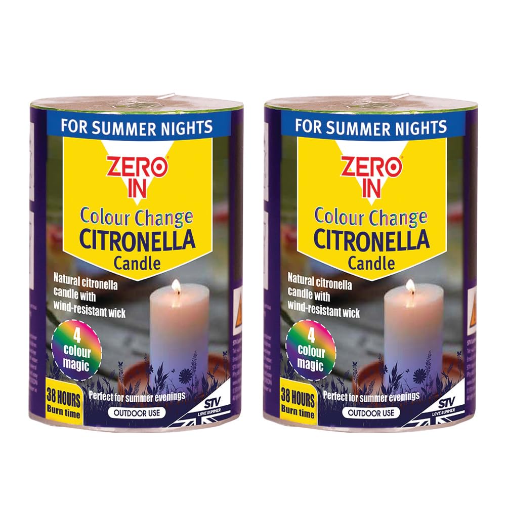 Zero In Citronella Colour-Change Pillar Candle – Mosquito Repellent with Natural Citronella & LED Light | Colour-Changing Garden Candle | for Patios, BBQs & Outdoor Use - Twin-Pack