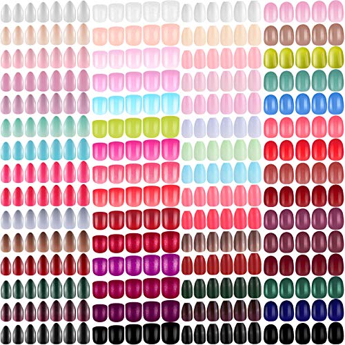 1440 Pieces 60 Set Short Ballerina Coffin Press on Nail Short Pointed False Nail Short Oval Fake Nail Short Square Glossy Full Cover Artificial Short Nail for Women Girl Nail Art (Bright Color Series)