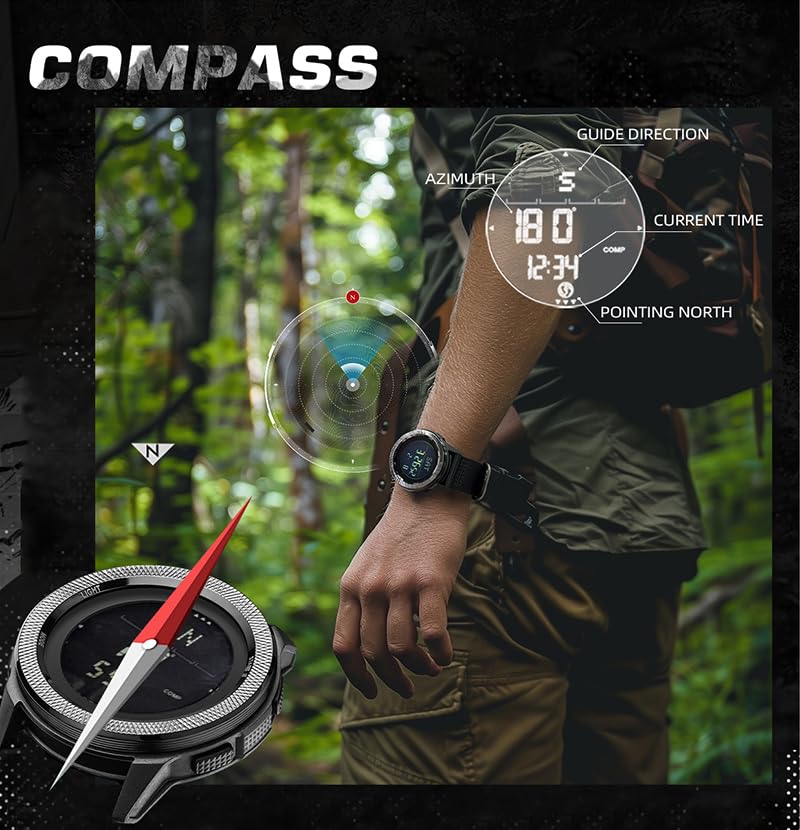 Image demonstrating the compass function of the NORTH EDGE C-Nexus watch, showing a user wearing the watch and a detailed display of azimuth, guide direction, and current time.