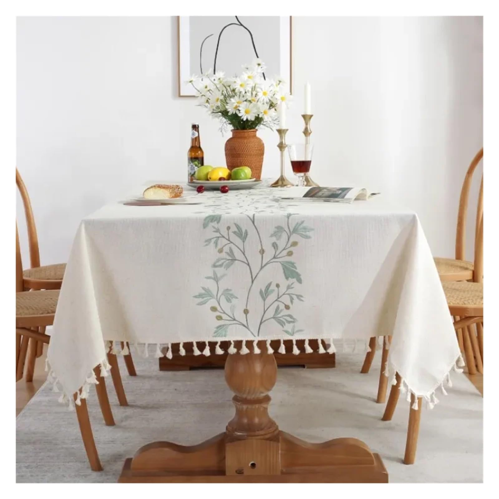 Mzsklw Green Flower Waterproof Tablecloth Rustic Embroidery Tablecloths Cotton Linen Pattern Rectangle Waterproof Table Covers For Kitchen Living Room Decor(,140X300cm 1Pc)