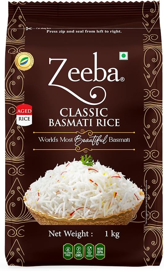 - Zeeba Classic Basmati Rice 1 Kg, Raw & Naturally Aged for 2 years, Extra Long Grains (Cooked length upto 27mm*)
