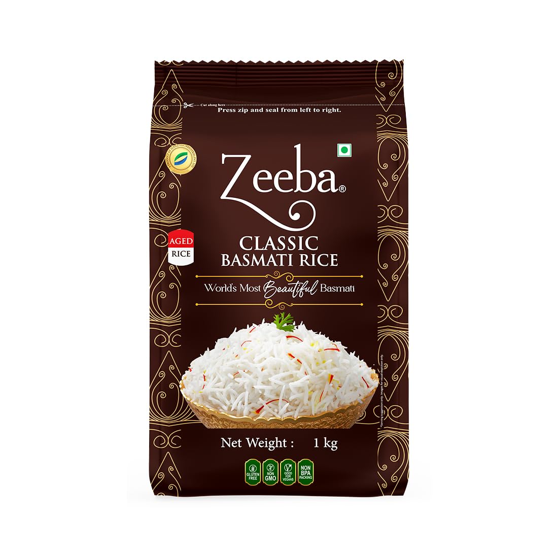 Zeeba Classic Basmati Rice 1 Kg, Raw & Naturally Aged for 2 years, Extra Long Grains (Cooked length upto 27mm*)