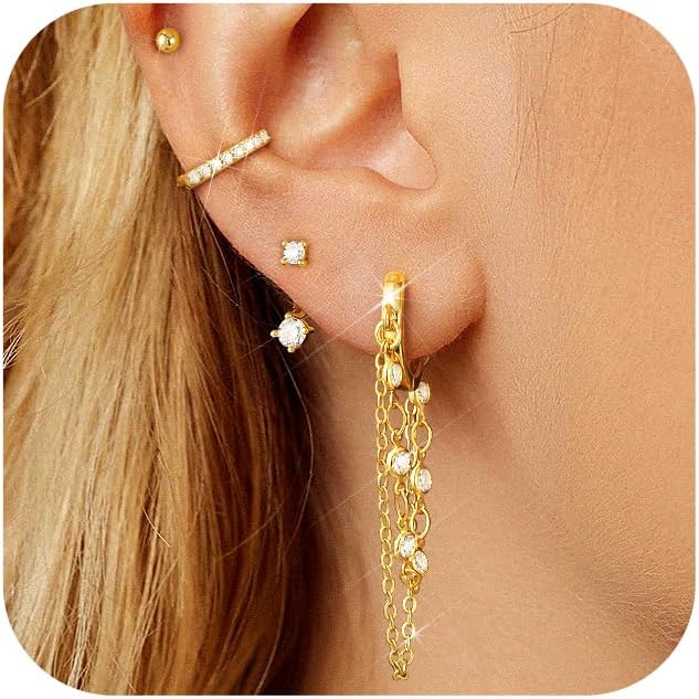 Tassel Chain Small Gold Hoop Dangle Earring For Women Huggie Earring Heart Star CZ 14K Gold Plated Fashion Jewelry Friendship Gift
