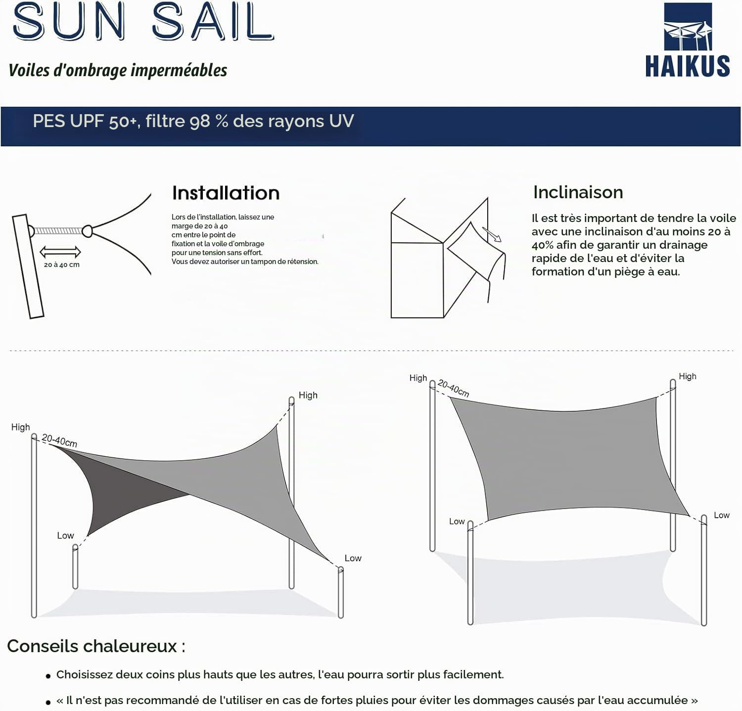 HAIKUS Voile d'ombrage Imperméable Rectangulaire 5x6m, Toile Ombrage PES Résistant à l'eau, Filet dombrage Rectangle 6x5m, Résistant 98% Protection Rayons UV pour Patio Extérieur, Gris Graphite 5x6