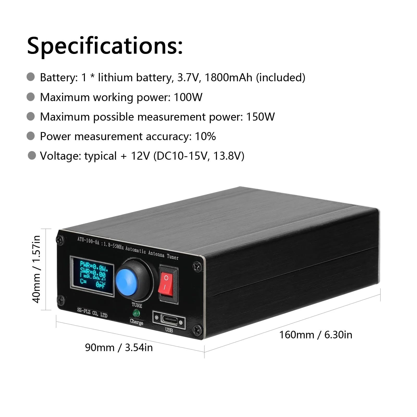 Eujgoov Mini Sintonizador de Antena Automático, ATU-100, Pantalla de 0.96 Pulgadas, Sintonizador de Radio con Carga USB, 1.8-55Mhz