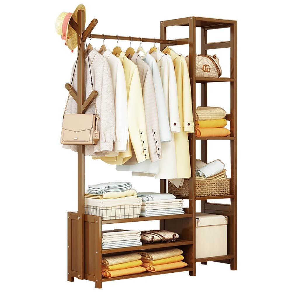 Clothes Rod Rack Clothes Rail Bamboo Stand Coat Rack with Shoe Rack Coat Rack Max Load 220Lbs with