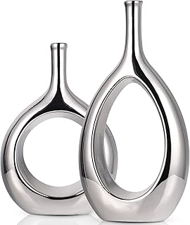 Glossy Silver Vase Ceramic Silver Vases Home Decor,Modern Minimalist Cir...