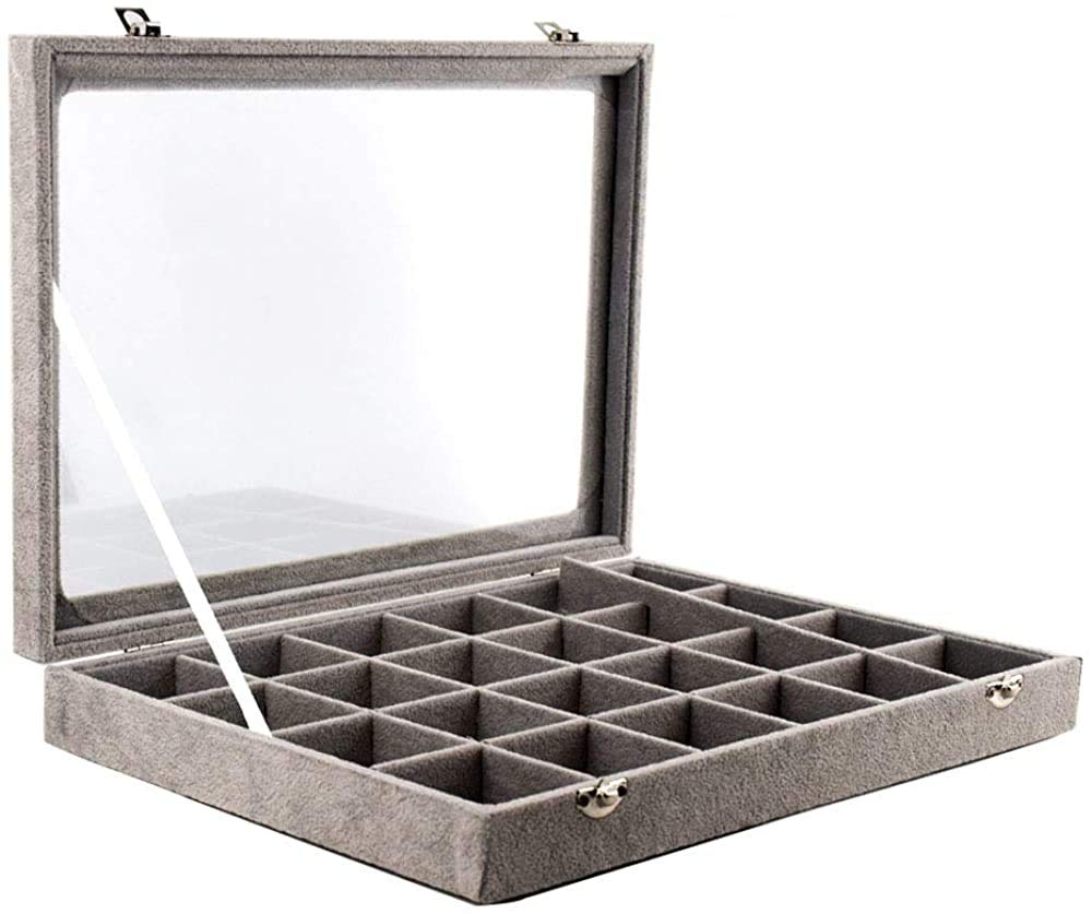 High quality jewelry storage box 24 Section Jewellery Box Organiser, Velvet Glass Ring Box Tray,Earring Holder Storage Display Case, Lockable Jewelry Box, Grey