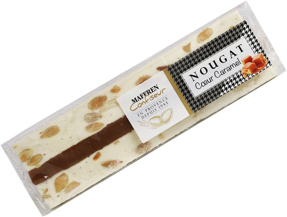 Soft White Nougat Candy Bar with Salted Caramel and Almonds | Handcrafted in France by Maffren | 100 Gram