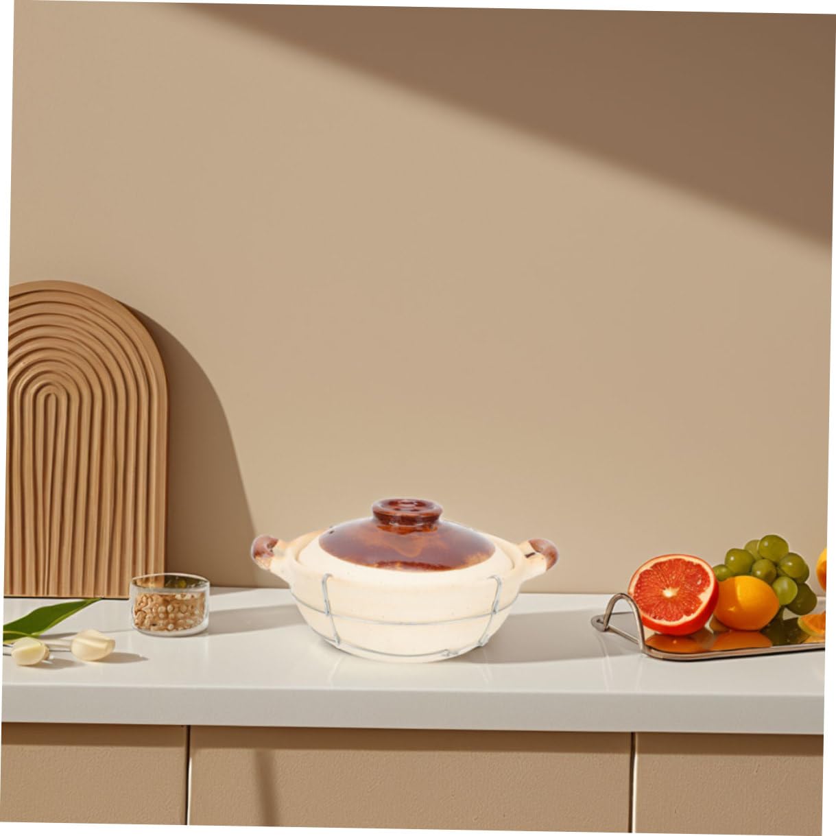 Lurrose Olla de Barro con Mango Individual 0,5l Color Claro Resistente al Calor para Cocinar Arroz y Sopas en Horno Cazuela Pequeña para Uso Doméstico y Guisos