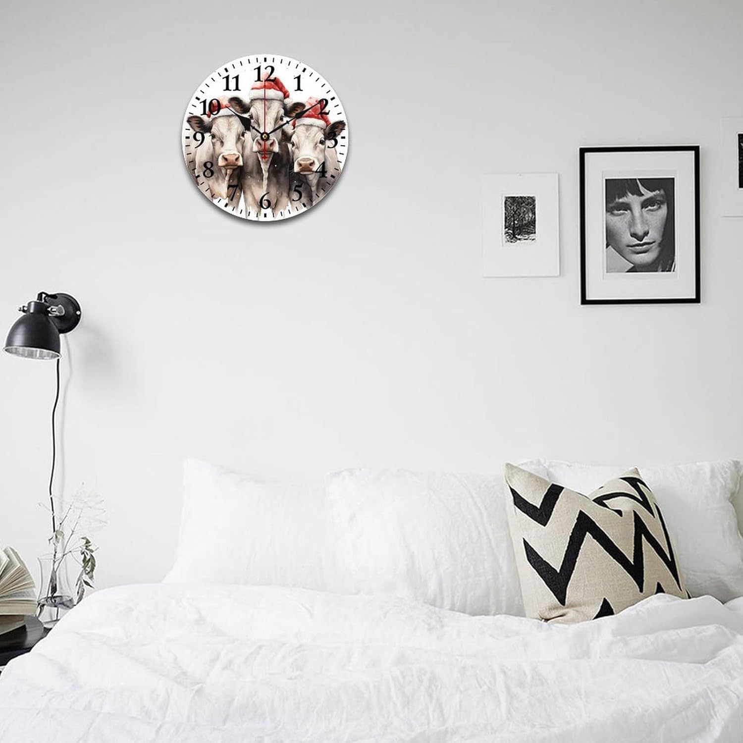 Clocks Three Cows with Christmas Hats Round Decorative Clock Non Ticking Cute Cow Wooden Wall Clock 12 Inch Home Office School Winter Rustic Wooden New Year Clocks