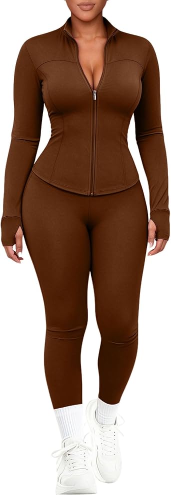 UOUA Womens Workout Set 2 Piece Outfit Bodycon Gym Tracksuit