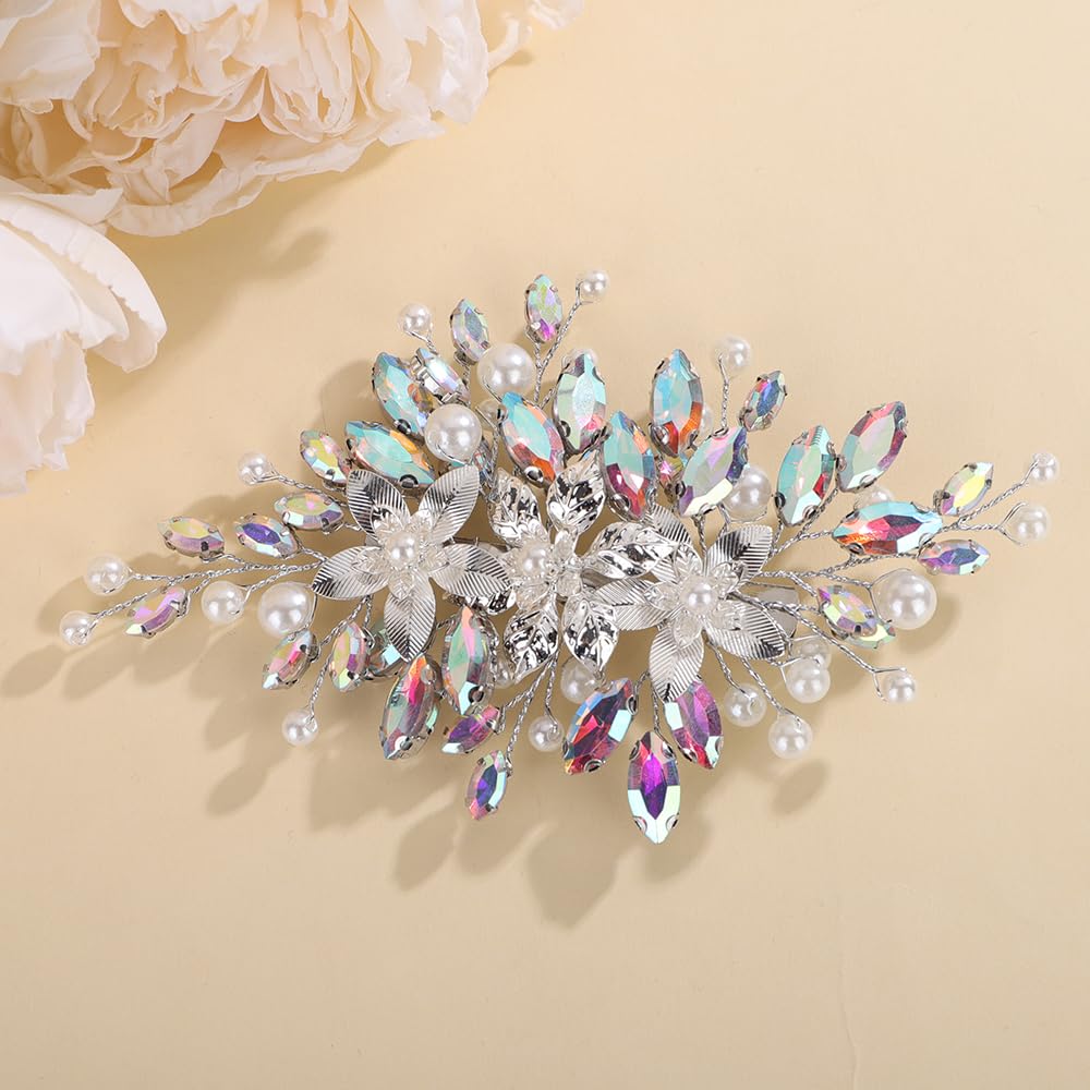 AB Color Rhinestones Beads Hair Comb for Wedding Brides Bridesmaid Women Handmade Silver Flower Jewelry (AB Color)