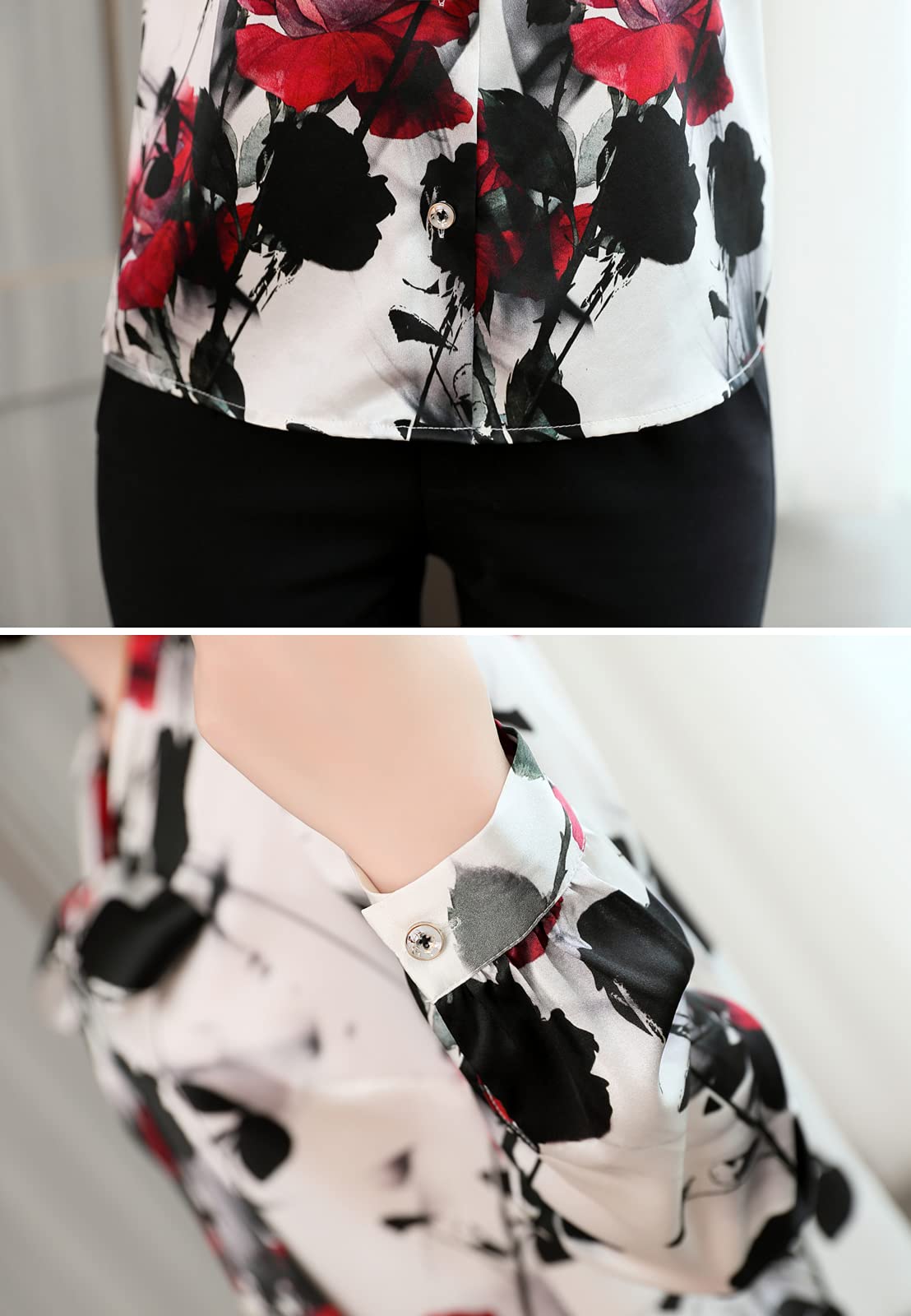 E-girl Blusa de seda para mujer con estampado de botones camisas blusa de manga larga corbata blusa de seda S1912-1