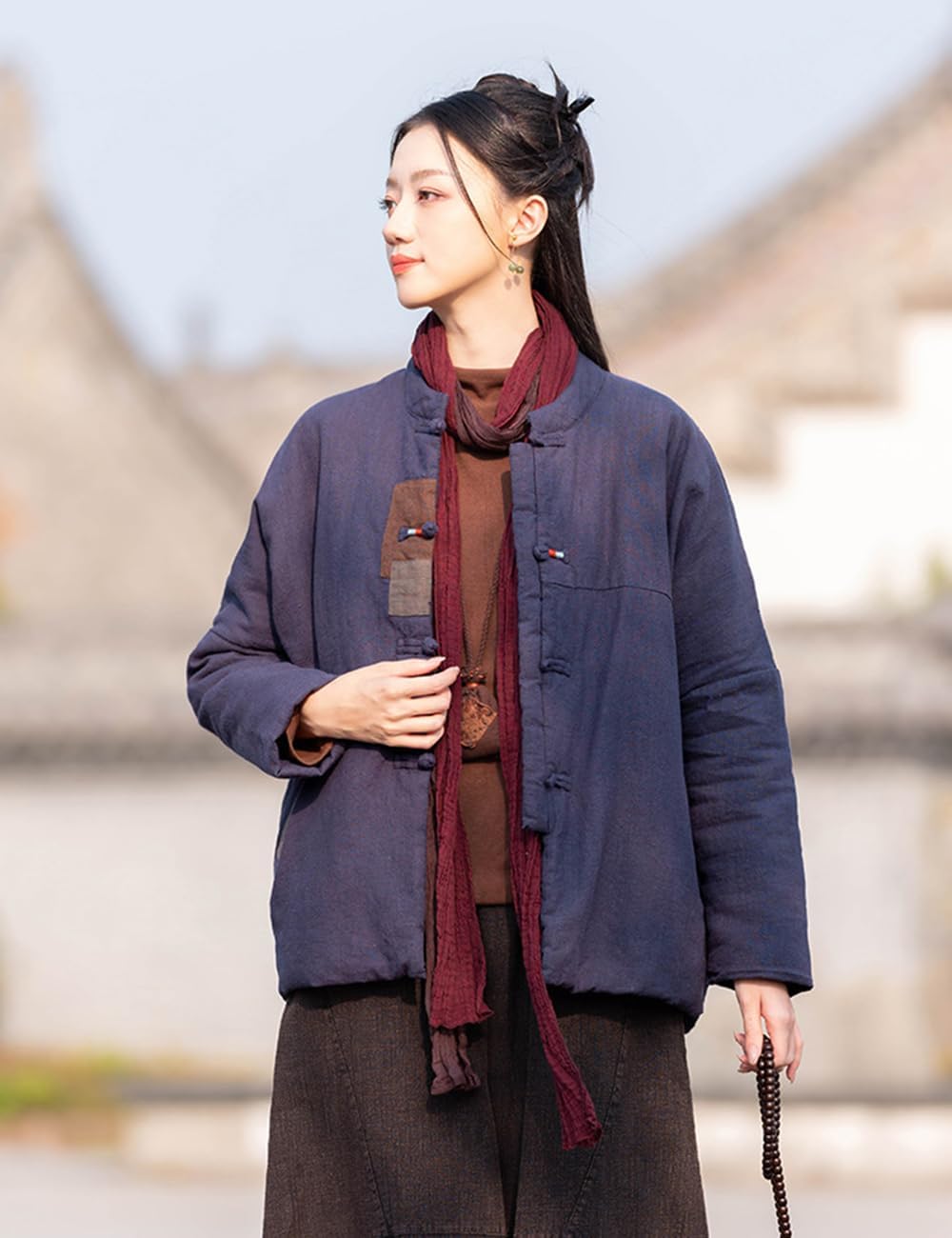 Women's Cotton Linen Quilted Warm Jacket Coat Chinese Tang Suit Short Coats with Pockets