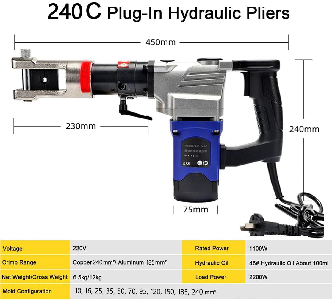 Elektryczna hydrauliczna zaciskarka do przewodów, przemysłowa zaciskarka do końcówek kablowych, 2200 W ręczne hydrauliczne zaciskarki do zaciskania końcówek miedzianych i aluminiowych,240C