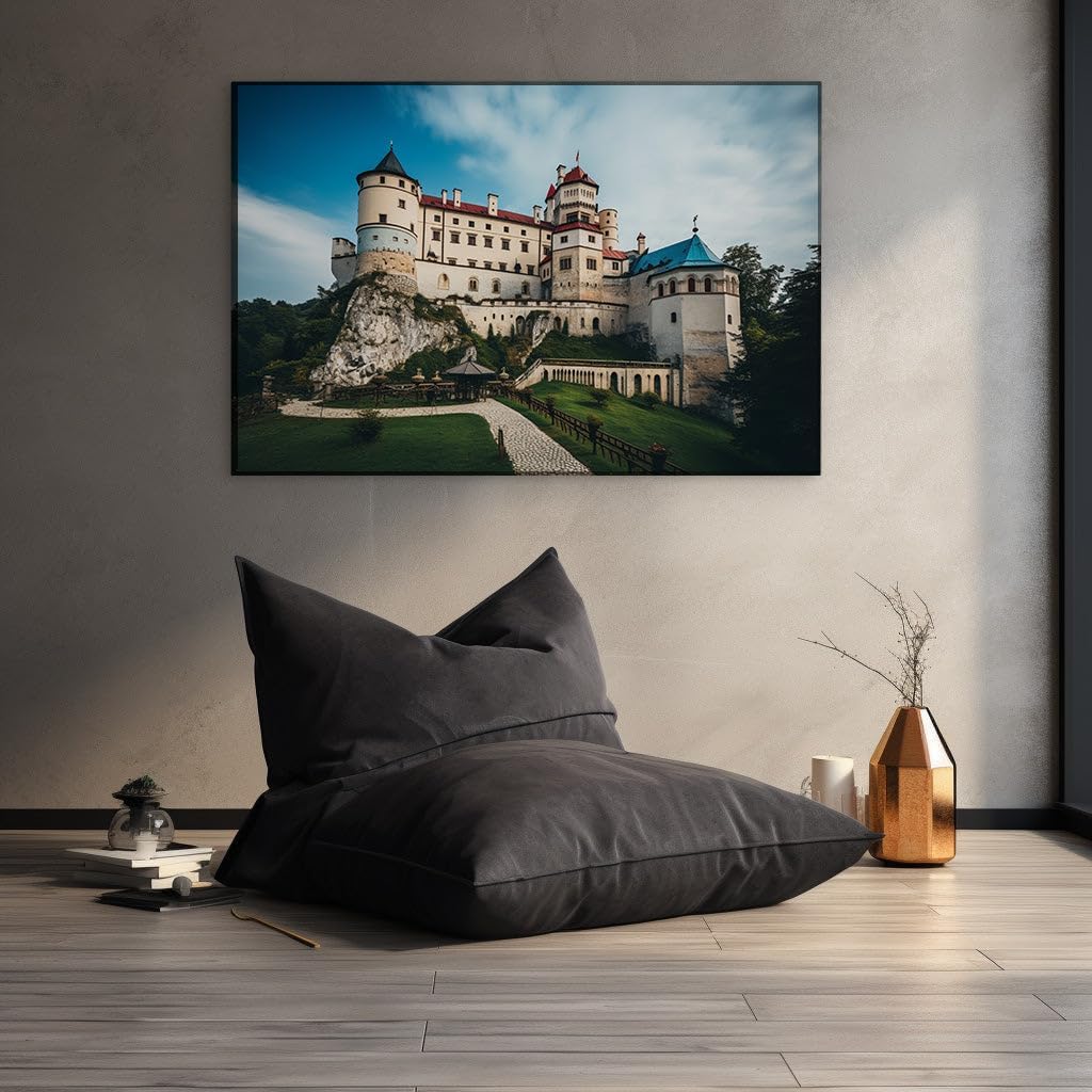 Canvas for Living room. Majestic Heights: Enchantment at the Castle on the Cliffs, 27 x 18 inch Canvas Wall Art - Modern Home Decor