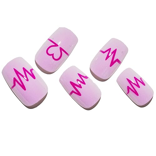 GLAMERMAID - Uñas postizas a presión color rosa con diseño de latido del corazón uñas postizas medianas acrílicas para regalo del día de San