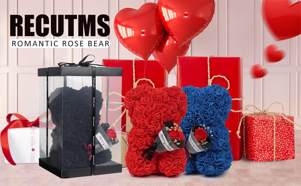 Ours en Fleurs Artificiel avec Bouquet de Roses, idéal pour Femmes, amies, Filles, Mamans et Grands-mères (Rouge)