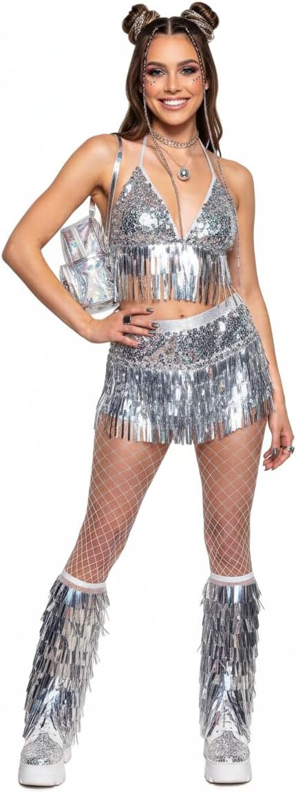 Cowboy Concert Inspired Silver Fringe Boot Covers, Sequin Rave Leg Warmers