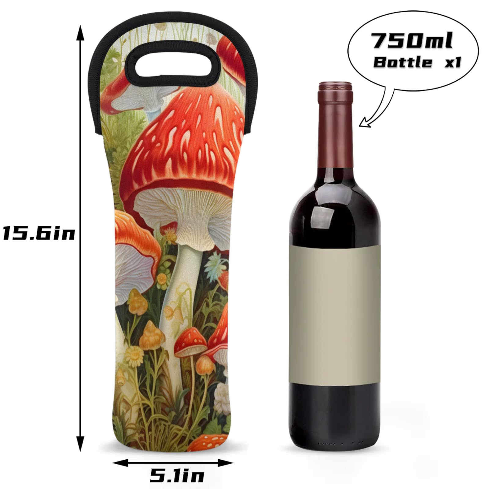 Neoprene Wine Tote Carrier Bag for Wine,Water, Champagne, Beer, Baby Bottles 15.6 x 5.1 Inches, Protective Wine Bag,Red Mushroom