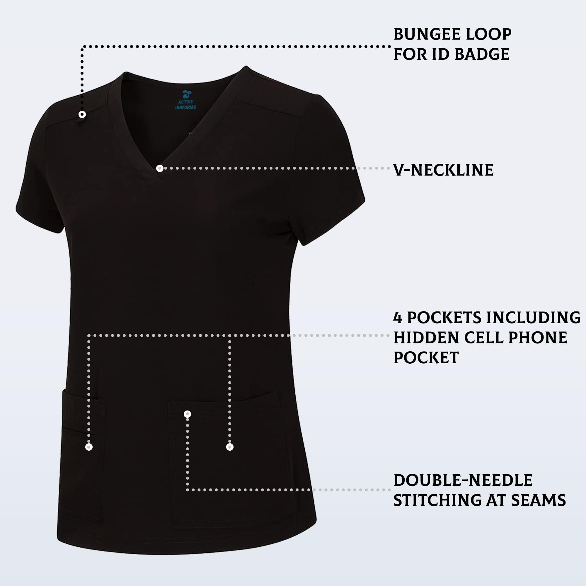 ACTIVE UNIFORMS Women's Cool Stretch V-Neck Top and Cargo Pant Scrub Set with Regular and Petite Sizes, Black (Medium)