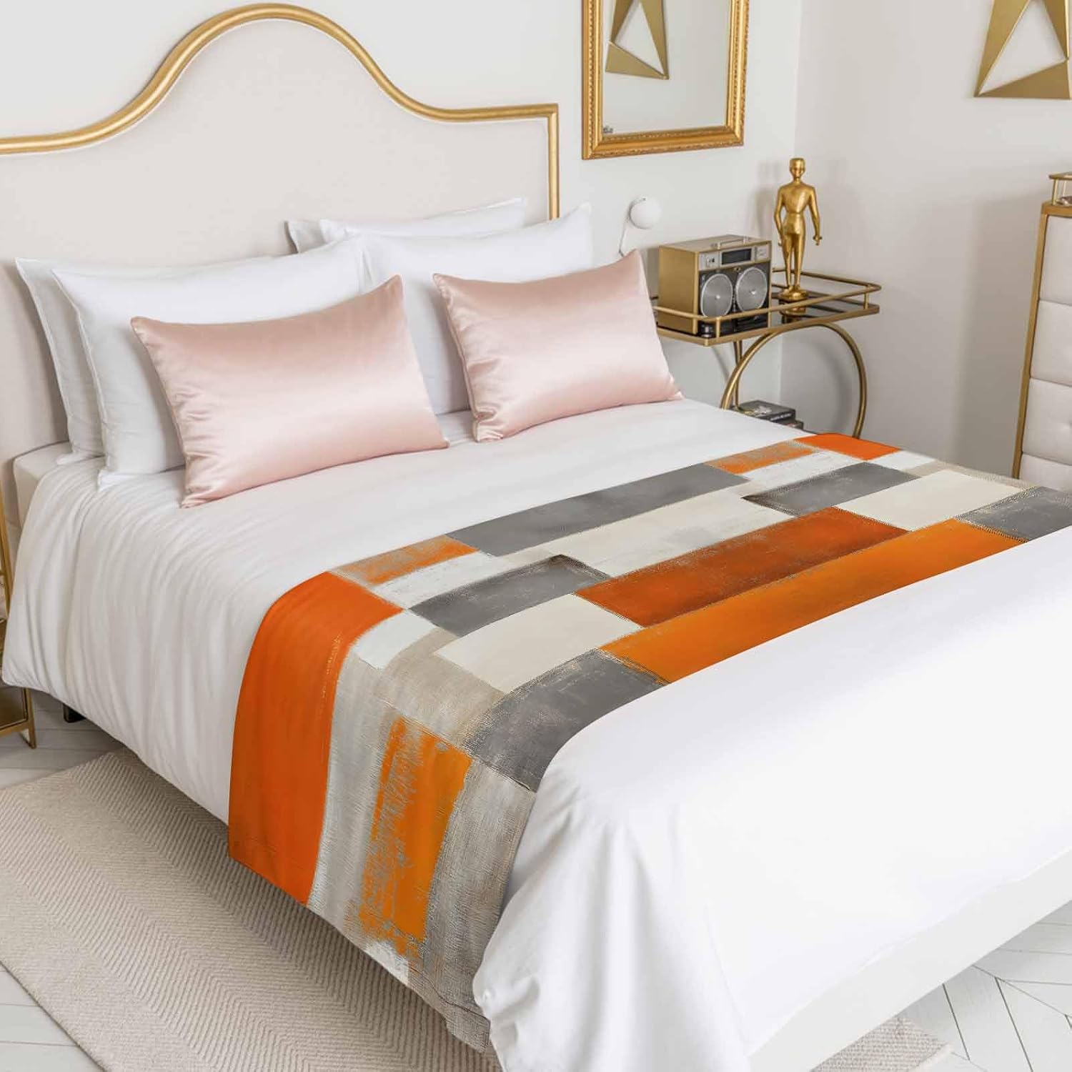 Bed Runner for Twin Size Bed, Burnt Orange Decorative Bed Runners Scarves for Bedroom, Grey Modern Abstract Art Oil Painting Geometric Washable Bedding Scarf Cover Bed Runner for Foot of Bed