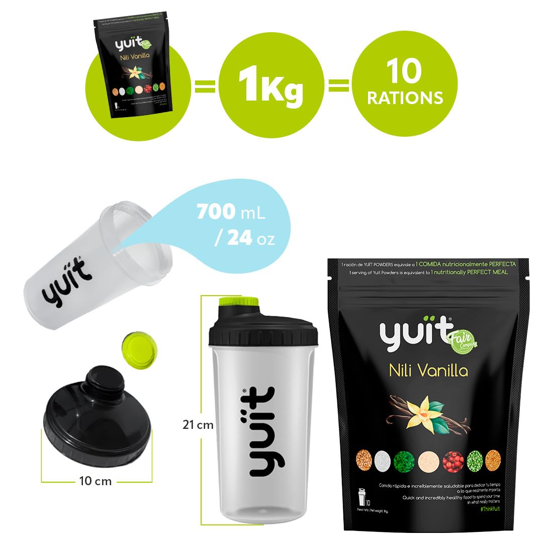 YUÏT - Substitut de repas - Shake protéiné - 35g de protéines en poudre + Probiotiques - Aliment 100% naturel - Shake diététique rassasiant - Supplément vitamines, minéraux - (Vainilla- 1kg + SHAKER)