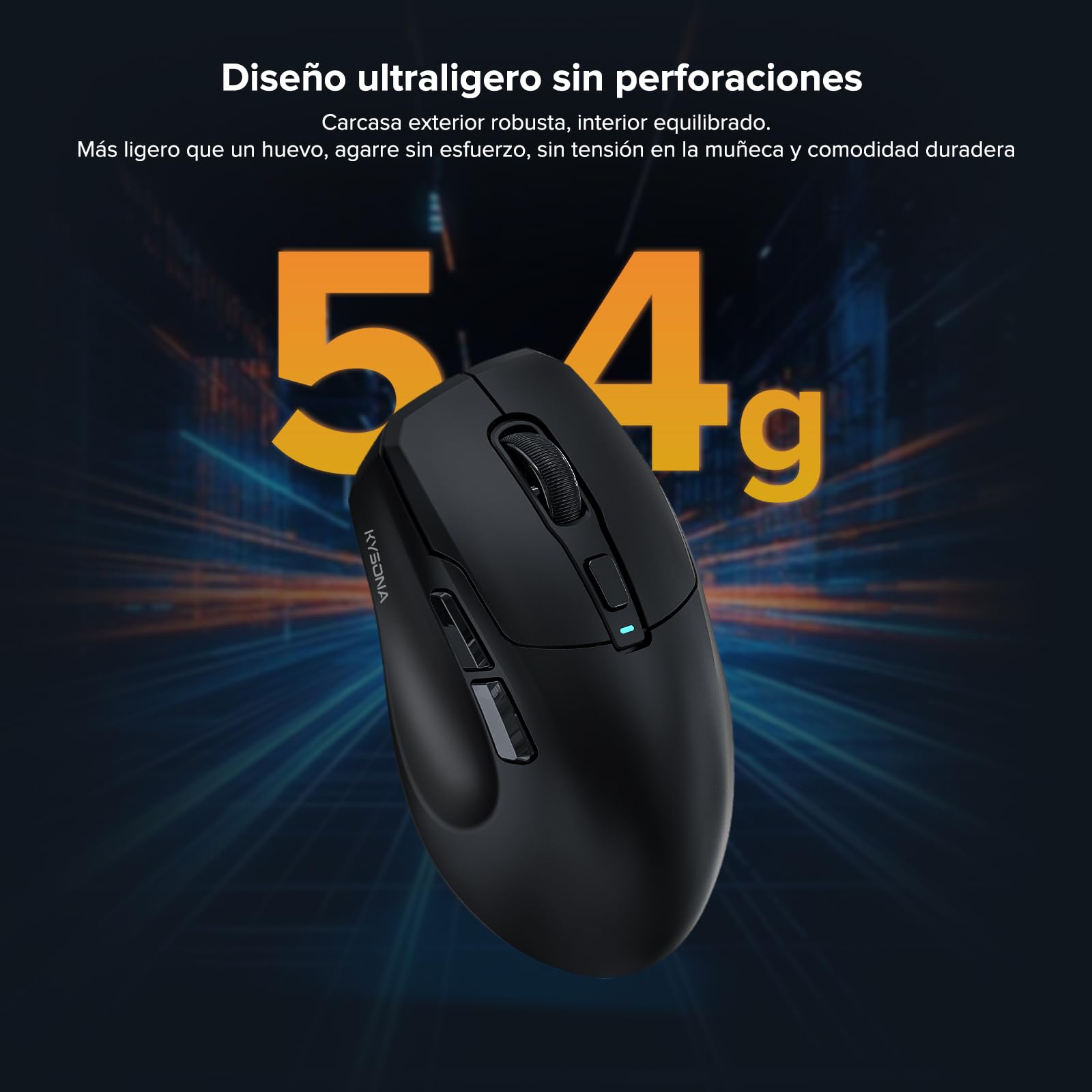 KYSONA - Ratón inalámbrico para Juegos, 26000 dpi, tasa de sondeo de 8K, trimodo 2.4 GHz/USB-C/Bluetooth, ergonómico con Revestimiento de refrigeración por Internet, Ratones Recargables para Juegos