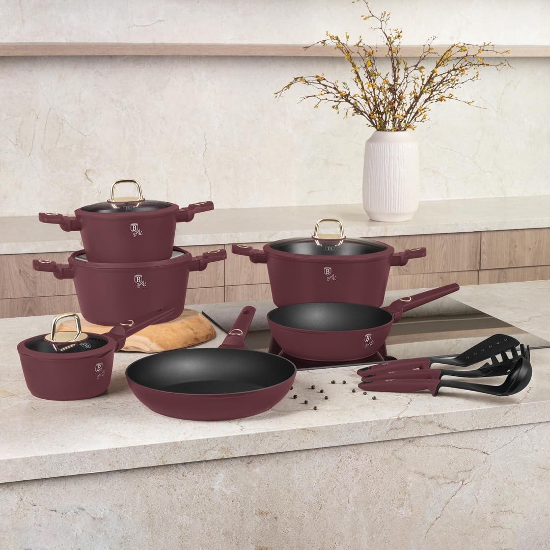 Berlinger Haus Leonardo Collection 15-częściowy zestaw garnków – matowy bordowy – indukcja – powłoka nieprzywierająca TitanPro – kute aluminium – nie zawiera PFOA – z pomocnikami kuchennymi i