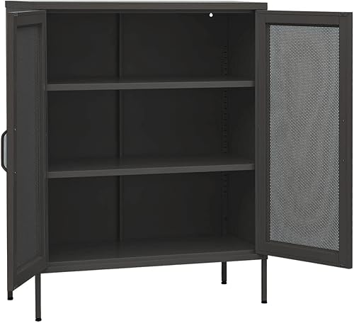 Miniatura 5 de FAMIROSA Armario de almacenamiento de acero con 2 estantes ajustables y 2 puertas de malla, armario de almacenamiento para el hogar, oficina, sala