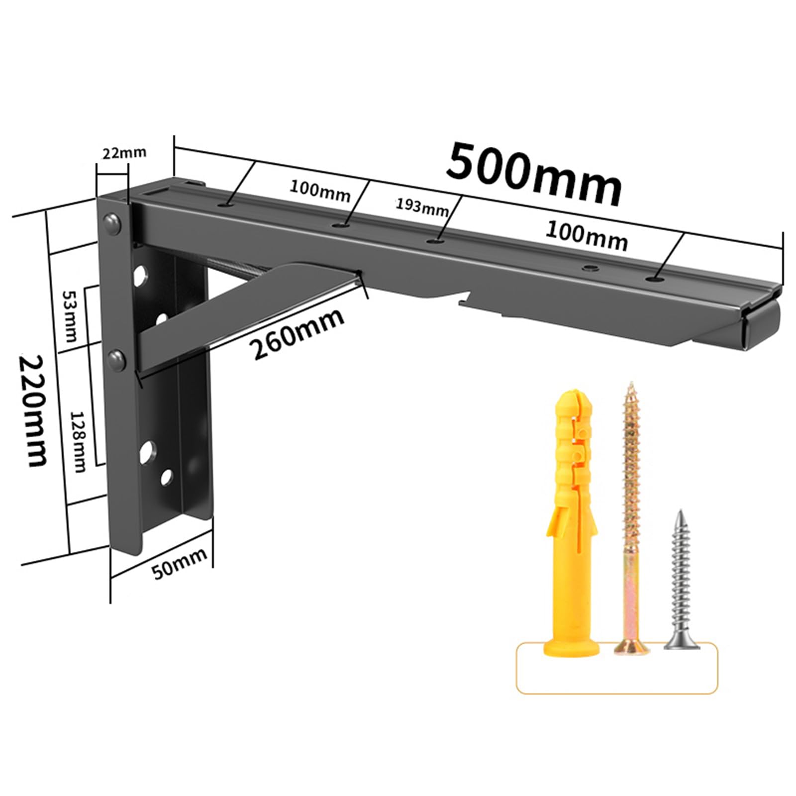 2 Piezas Soporte Estantería Plegable Escuadras Abatibles Soporte de Estante de Pared de Acero Carbono Escuadras Estanterias para Bancos de Trabajo,con Tornillos,Negro (500mm)