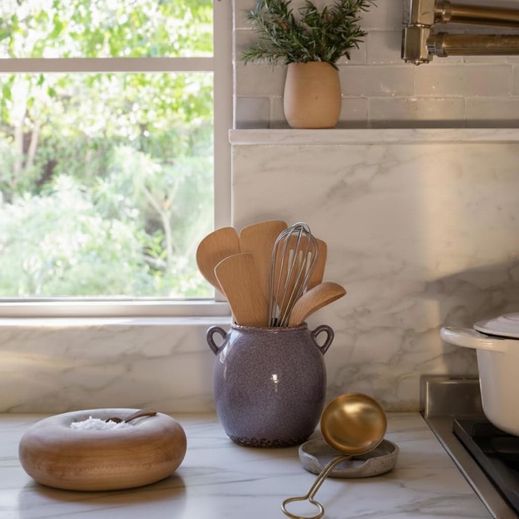 JIEMEI HOME Kitchen Utensil Holder with Handle, 6.69" Ceramic Farmhouse Stable Utensil Crock for Countertop, Cooking Tool Organizer with Cork Bottom, Spatula Holder For Kitchen Decor, Purple