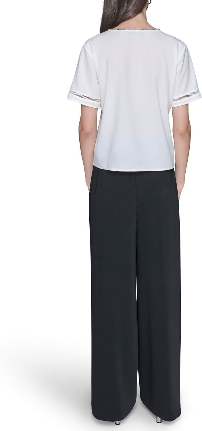 Karl Lagerfeld Womens Short Sleeve V-Neck with Crystal Bow Top - Image 4