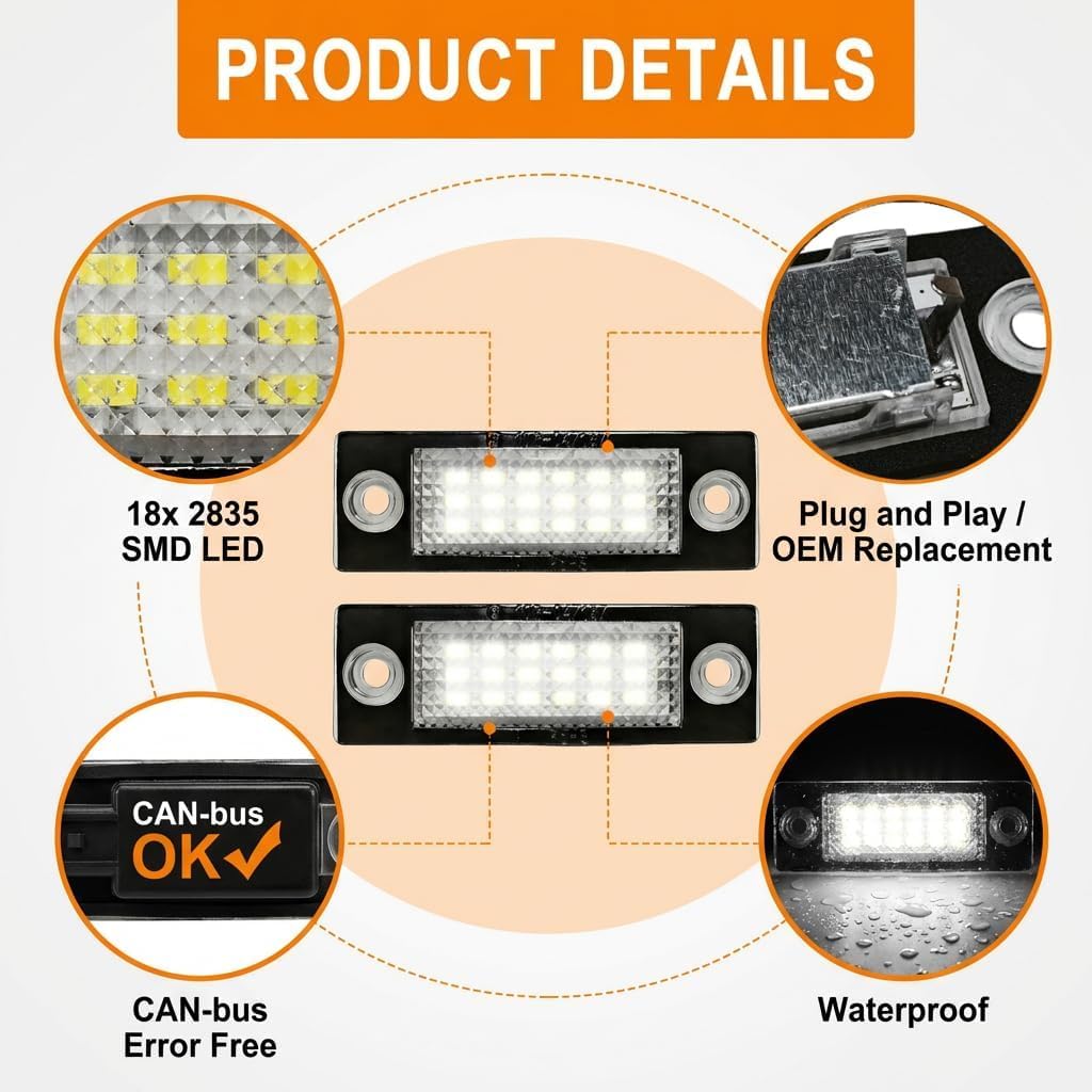 1 Pair of LED Number Plate Lights for VW T5 Caddy Mk3 Golf Plus Mk5 Jetta Mk5 Passat Saloon 3bg Passat Variant 3C B6 Skoda, Xenon White 6000K Waterproof Plug & Play image 3