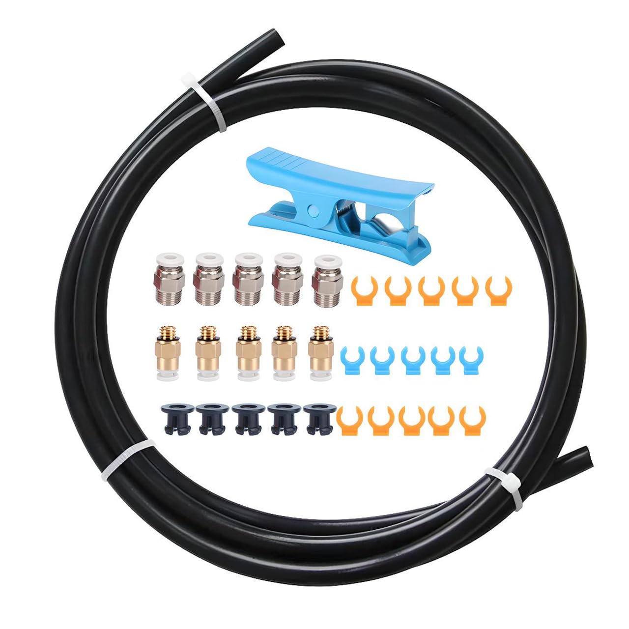 Zestaw rur PTFE 3M, czarna teflonowa rurka Bowden ID 2 mm OD 4 mm rura PTFE do filamentu 1,75 mm ze złączem 5 x PC4-M6, 5 x złączki pneumatyczne PC4-M10, 5 x zestaw tulei zaciskowych Bowdena