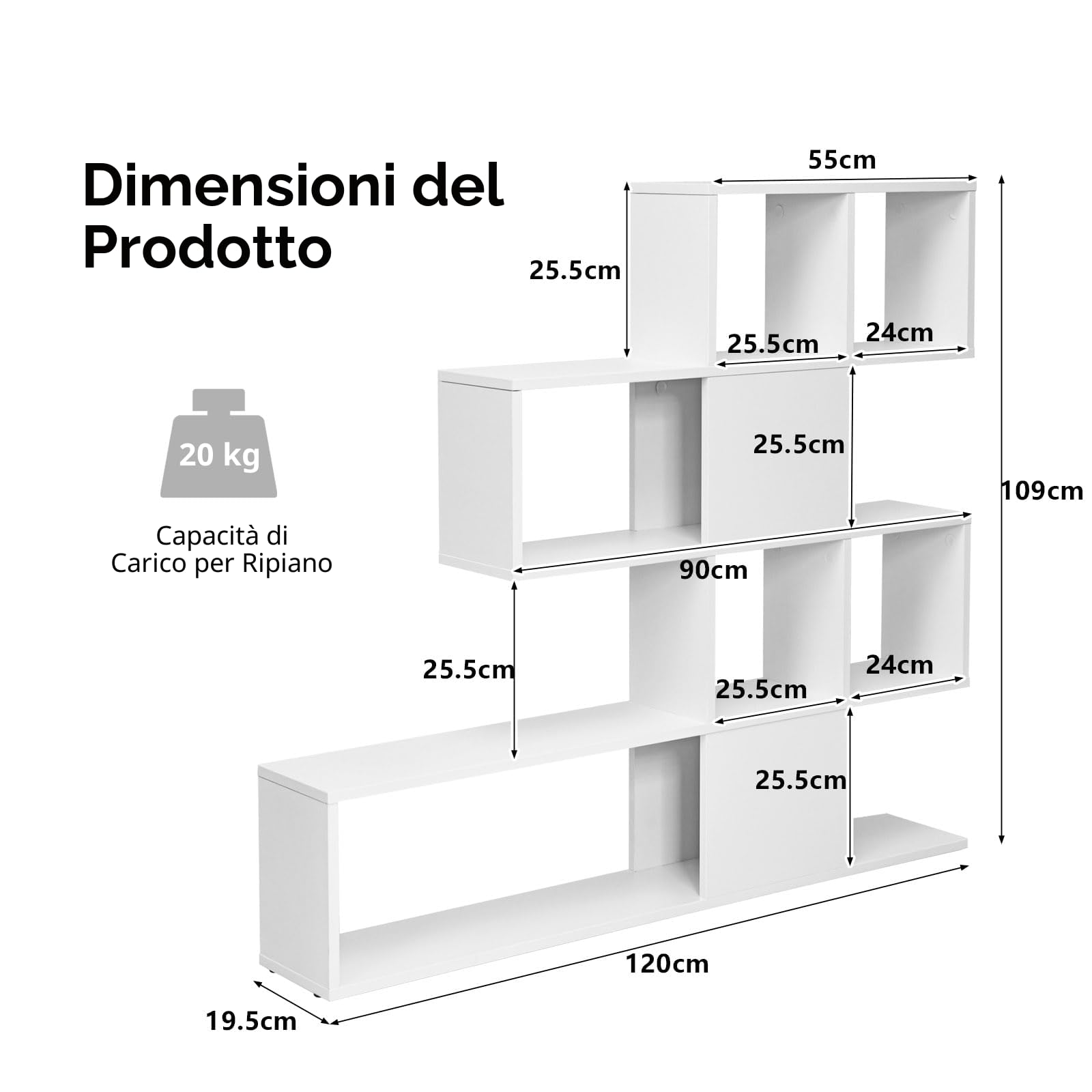 HOMASIS Libreria Scaffale a Forma di Mossa con 4 Livelli, Libreria Moderna Design in Legno, Divisorio Bifacciale Verticale per Soggiorno, Libreria Bianca a Forma di Scala, 120x19,5x109cm (Bianco)