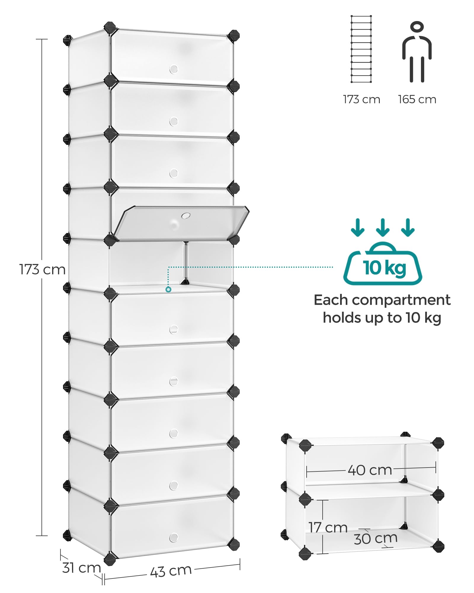 SONGMICS Zapatero Modular con 10 Compartimentos Cajas, Estantería DIY de Plástico, con Puerta, con Martillo, Blanco LPC10W