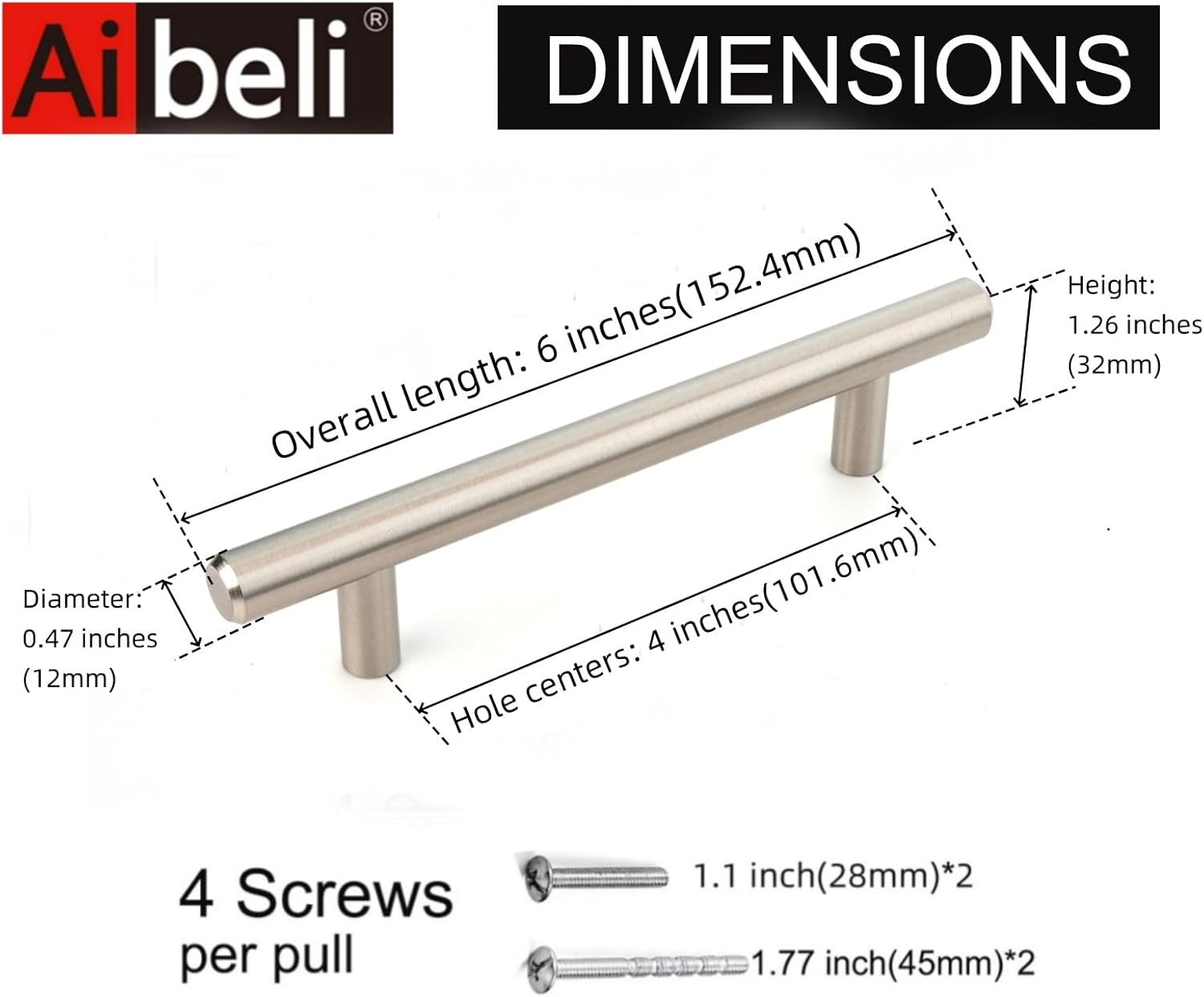 10 Pack 6'' Cabinet Pulls Brushed Nickel Stainless Steel Kitchen Cabinet Handles Dresser Drawer Pulls 4" Hole Center