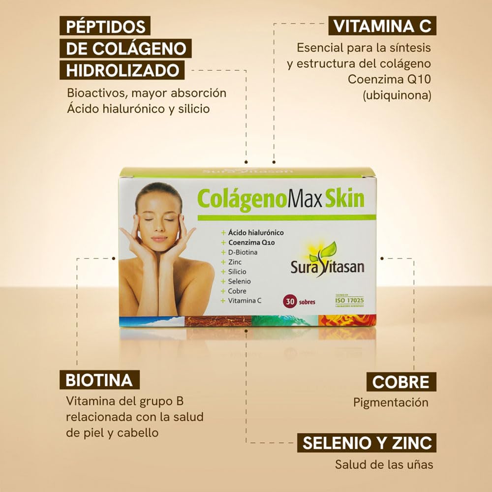 SURA VITASAN Colágeno Max Skin 30 Sobres – Péptidos de Colágeno Bioactivos con Ácido Hialurónico, Coenzima Q10, Biotina y Minerales – Cuidado de Piel, Cabello y Uñas – Sabor Natural a Maracuyá